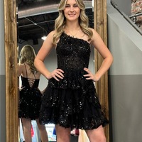 A Line One Shoulder Lace Navy Tiered Short Homecoming Dress, PD230139 - Thumbnail 7