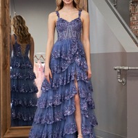 A-Line Off-the-Shoulder Tiered Long Lace Prom Dress with Slit, PD230140 - Thumbnail 1