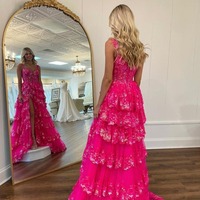 A-Line Off-the-Shoulder Tiered Long Lace Prom Dress with Slit, PD230140 - Thumbnail 3