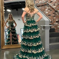 A-Line Off-the-Shoulder Tiered Long Lace Prom Dress with Slit, PD230140 - Thumbnail 4