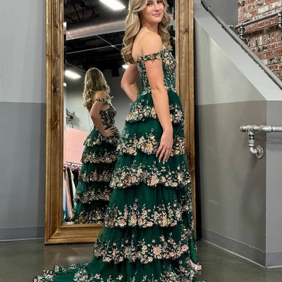 A-line off-the-shoulder tiered long lace prom dress with slit, pd230140 - Thumbnail 4