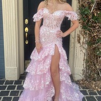 Long Lace Sheath Off the Shoulder (Lace-up Back) Prom Dress, PD230141 - Thumbnail 4
