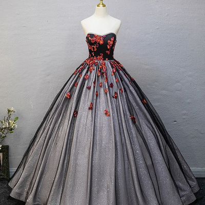 Black tulle sequins floor length formal evening dress - Thumbnail 1