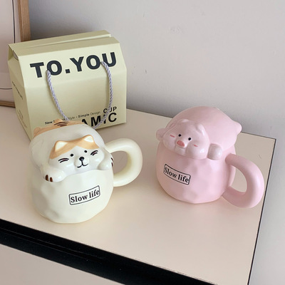 Kawaii cute animal cat pig ceramic milk mug with lid 