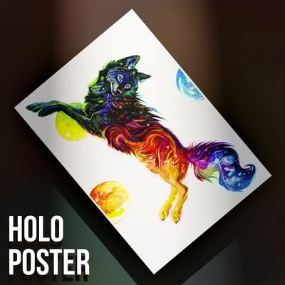 Rainbow fantasy wolf - premium holographic poster