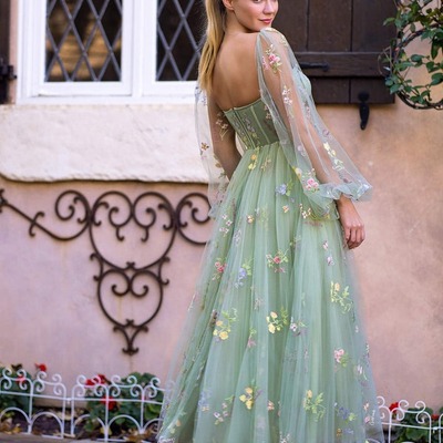 Tea-length embroidery sweetheart tulle puff sleeves floral corset prom dress, pd230149 - Thumbnail 4