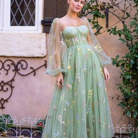 Tea-Length Embroidery Sweetheart Tulle Puff Sleeves Floral Corset Prom Dress, PD230149 - Thumbnail 1