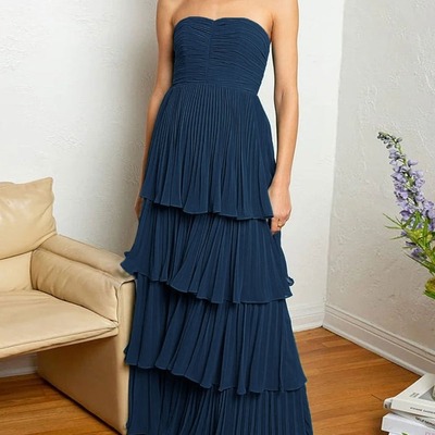 Long emerald green ruffle multi-layer strapless prom dress, pd230151 - Thumbnail 4