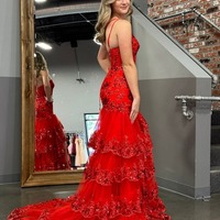 Tiered Lace Sheath One Shoulder Long Prom Dress, PD230158 - Thumbnail 2