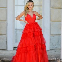 V Neck Spaghetti Straps Tulle Deep Long Prom Dress, PD230160 - Thumbnail 2