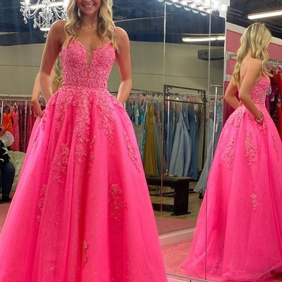 V neck a line long lace pink prom dress, pd230161 - Thumbnail 5