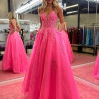 V Neck A Line Long Lace Pink Prom Dress, PD230161 - Thumbnail 2