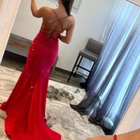 Red V Neck Mermaid Glitter Satin Prom Dress, PD230165 - Thumbnail 2