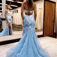 Lace Spaghetti StrapsTulle Mermaid Prom Dress with Slit, PD230167 - Thumbnail 1