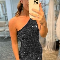 Long Glitter Black Sequins Prom Dress with Slit, PD230168 - Thumbnail 2