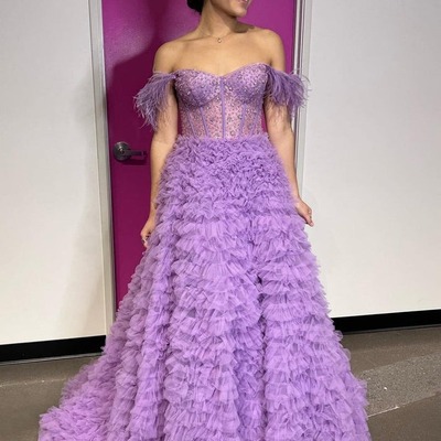 A line long tiered tulle sweetheart prom dress with slit, pd230170 - Thumbnail 3