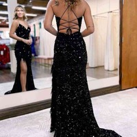 Long Mermaid V Neck Sequins Prom Dress with Slit, PD230172 - Thumbnail 1