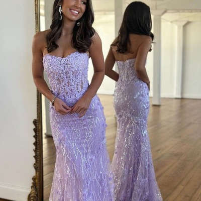 Lace mermaid strapless sequined prom dress, pd230173 - Thumbnail 5