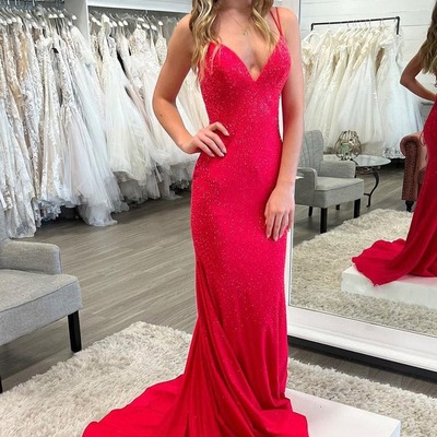 Beaded satin sparkly mermaid v neck long prom dress, pd230174 - Thumbnail 5