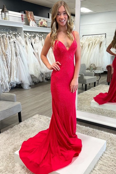 Beaded Satin Sparkly Mermaid V Neck Long Prom Dress, PD230174