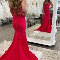 Beaded Satin Sparkly Mermaid V Neck Long Prom Dress, PD230174 - Thumbnail 1