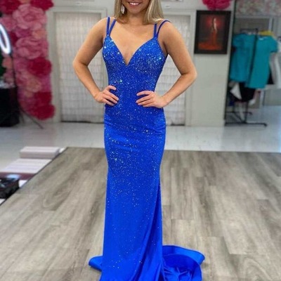 V neck mermaid beaded jersey prom dress, pd230185 - Thumbnail 5