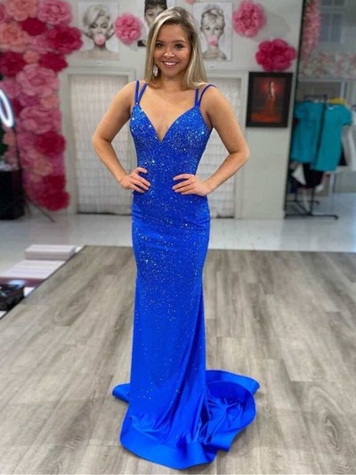 V Neck Mermaid Beaded Jersey Prom Dress, PD230185