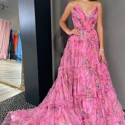 A-line tulle sweetheart floral printed prom dress with slit, pd230187 - Thumbnail 4