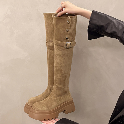 Suede thick-soled boots maillard slim high-top knight boots 3 colors - Thumbnail 4