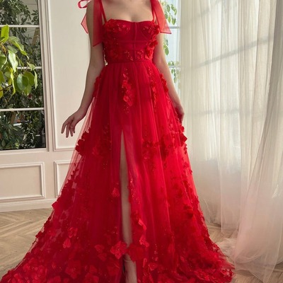 A-line lace 3d flower long prom dress with slit, pd230189 - Thumbnail 4