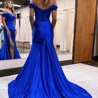 Mermaid Satin Off the Shoulder Prom Dress with Slit, PD230191 - Thumbnail 1