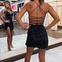 V-Neck Bodycon Sequined Homecoming Dress, PD230201 - Thumbnail 4