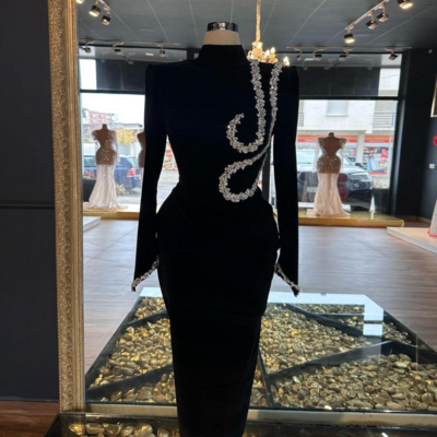 High neck top quality black velvet midi evening dresses with silver beading