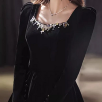 Beautiful A line Black Velvet Long Sleeves Prom Dress With Beading - Thumbnail 1