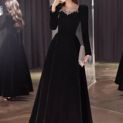 Beautiful a line black velvet long sleeves prom dress with beading