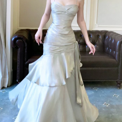 Straps a line sliver grey satin long prom dress