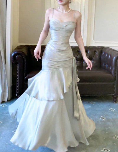 Straps A Line Sliver Grey Satin Long Prom Dress