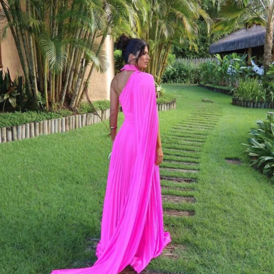Beautiful fuchsia one shoulder prom dress with draped sleeves  - Thumbnail 1