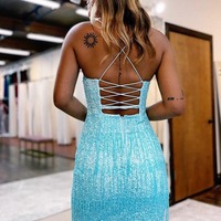 Short Sheath Spaghetti Straps Sky Blue Homecoming Dress with Tassel, PD230212 - Thumbnail 1