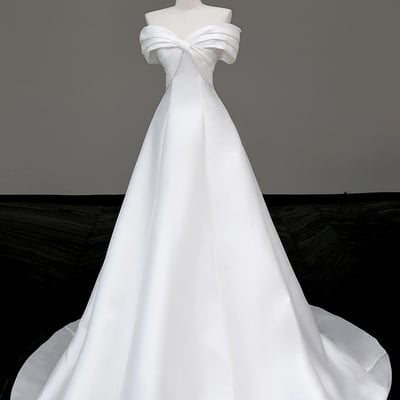 White satin off the shoulder floor length prom party dress - Thumbnail 1