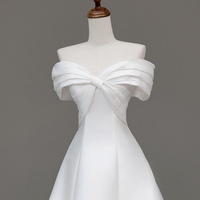 White Satin Off the Shoulder Floor Length Prom Party Dress - Thumbnail 1