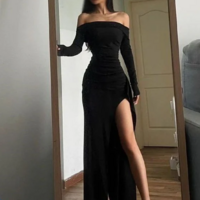 Off The Shoulder Sheath Black Split Prom Dresses - Thumbnail 2