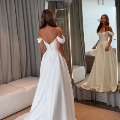 Off the shoulder a line stain wedding dresses with sleeveless - Thumbnail 1