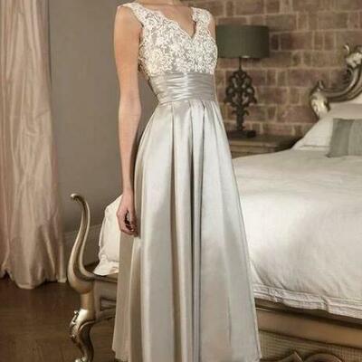 Vintage tea length v neck silver prom dress lace,1068