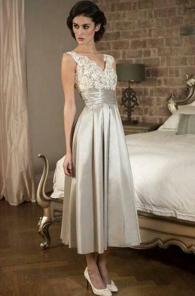 Vintage Tea Length V Neck Silver Prom Dress Lace,1068