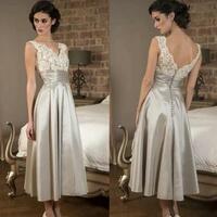 Vintage Tea Length V Neck Silver Prom Dress Lace,1068 - Thumbnail 1