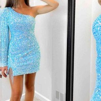 Sheath Fringe Sequins Long Sleeve Homecoming Dress, PD230225 - Thumbnail 2