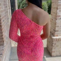 Sheath Fringe Sequins Long Sleeve Homecoming Dress, PD230225 - Thumbnail 1