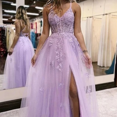 A-line v-neck prom dresses long formal dresses with side slit, pd230228 - Thumbnail 4