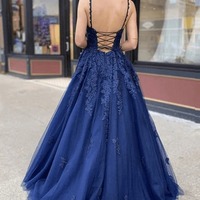 Long Tulle Lace A-line V-neck Formal Prom Dresses, PD230229 - Thumbnail 1